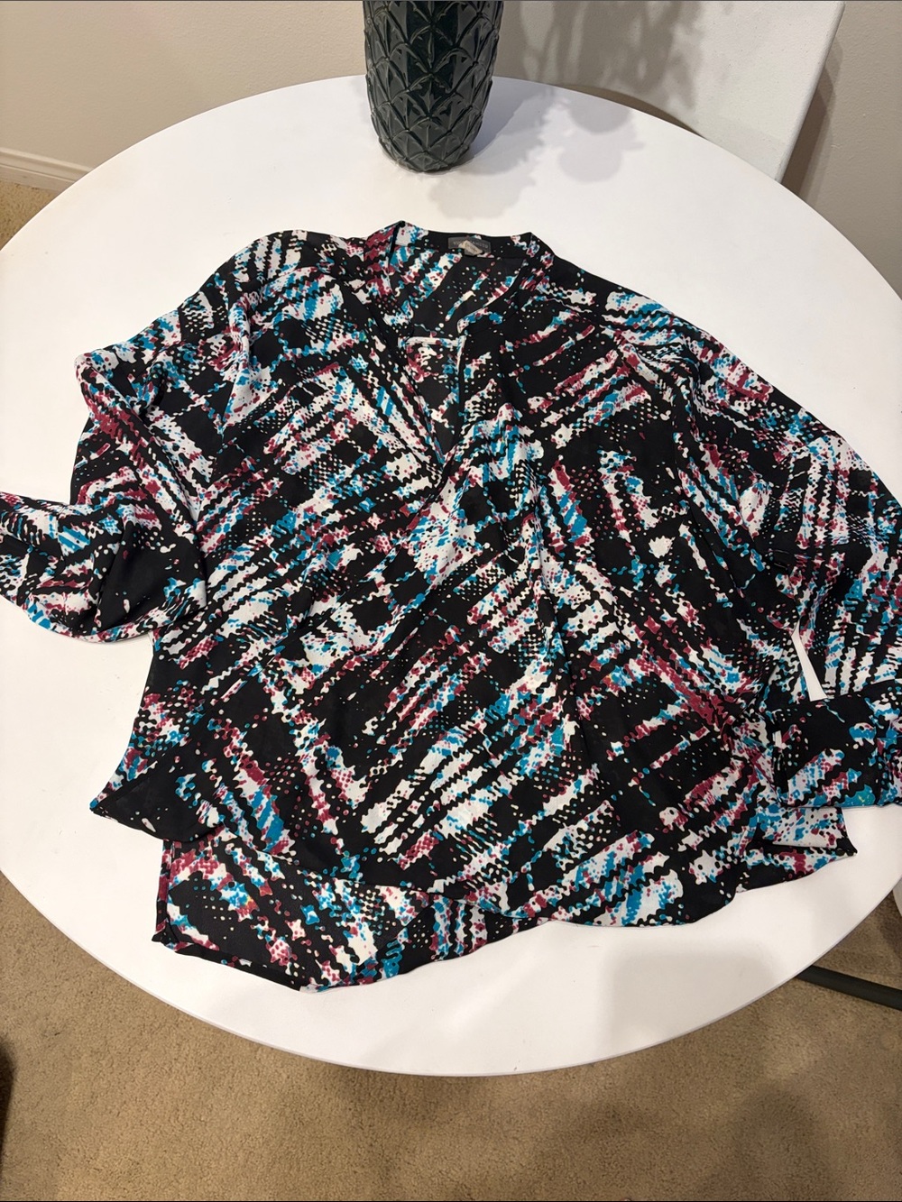 Vince Camuto Black Blouse with Teal & Magenta Abstract Print